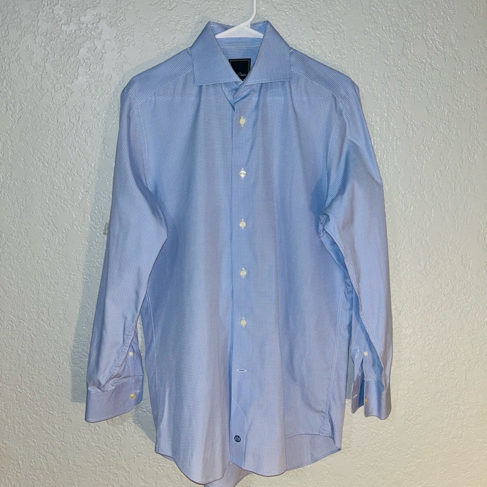 David Donahue Blue Micro Check 100% Cotton Trim Dress Shirt Size 16 32/33